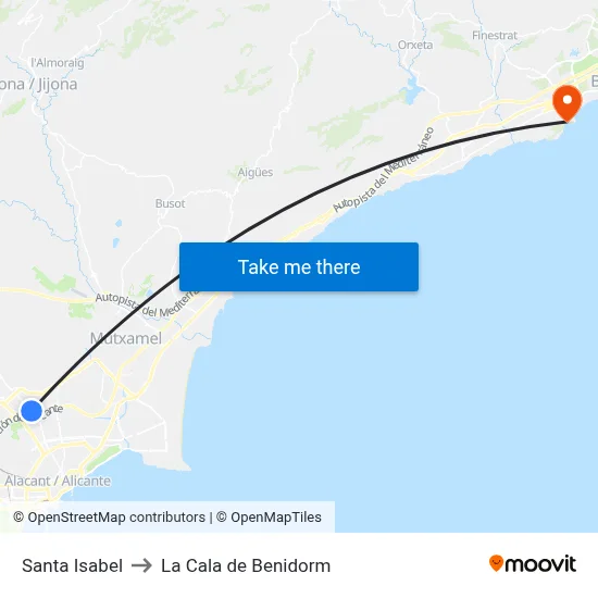 Santa Isabel to La Cala de Benidorm map