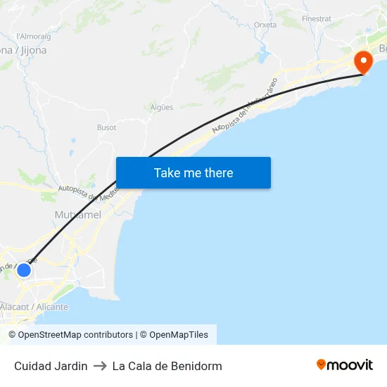 Cuidad Jardin to La Cala de Benidorm map