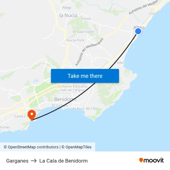 Garganes to La Cala de Benidorm map