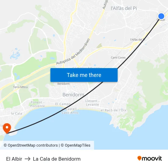 El Albir to La Cala de Benidorm map