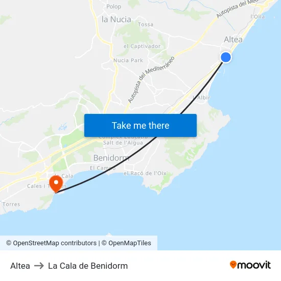 Altea to La Cala de Benidorm map