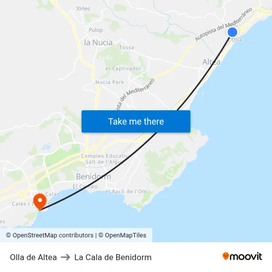 Olla de Altea to La Cala de Benidorm map