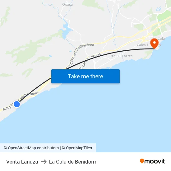 Venta Lanuza to La Cala de Benidorm map