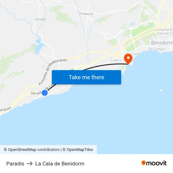 Paradís to La Cala de Benidorm map