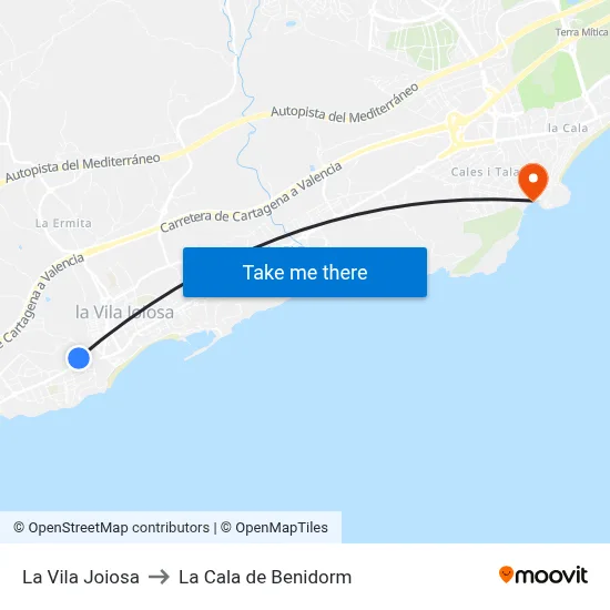 La Vila Joiosa to La Cala de Benidorm map