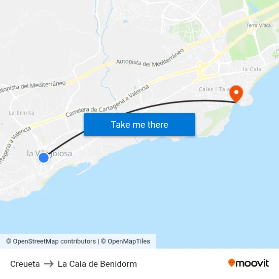 Creueta to La Cala de Benidorm map