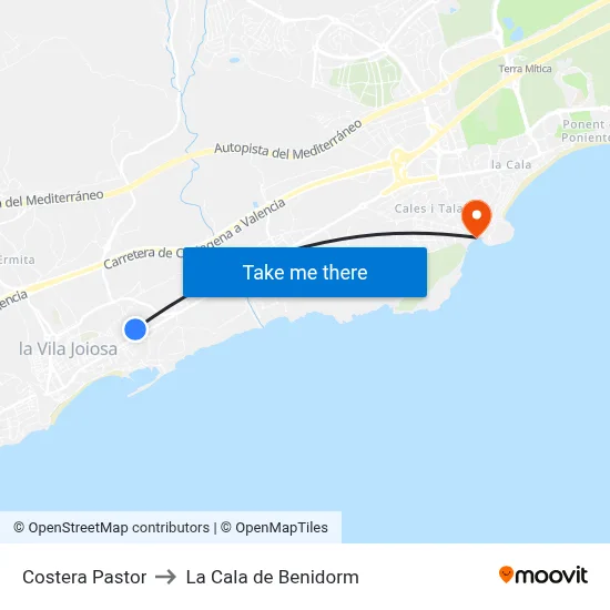 Costera Pastor to La Cala de Benidorm map