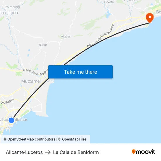 Alicante-Luceros to La Cala de Benidorm map