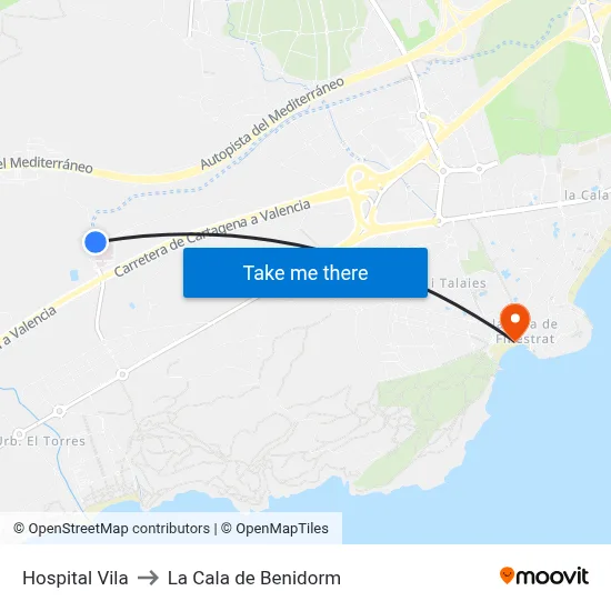 Hospital Vila to La Cala de Benidorm map