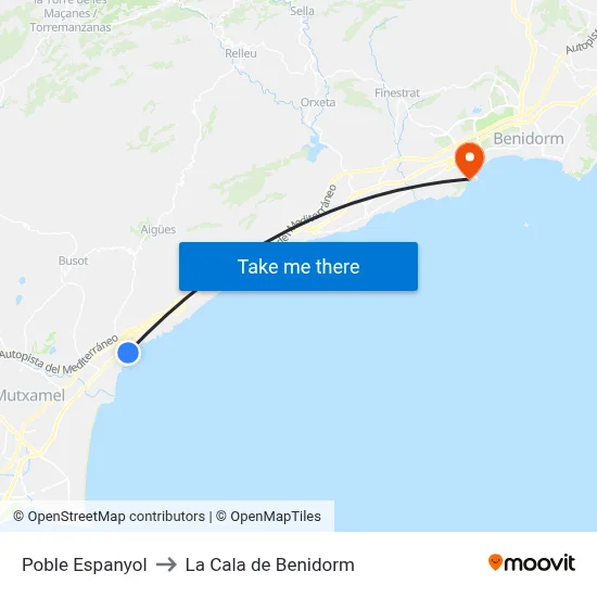 Poble Espanyol to La Cala de Benidorm map