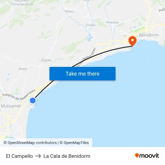 El Campello to La Cala de Benidorm map