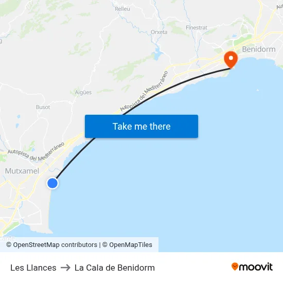 Les Llances to La Cala de Benidorm map