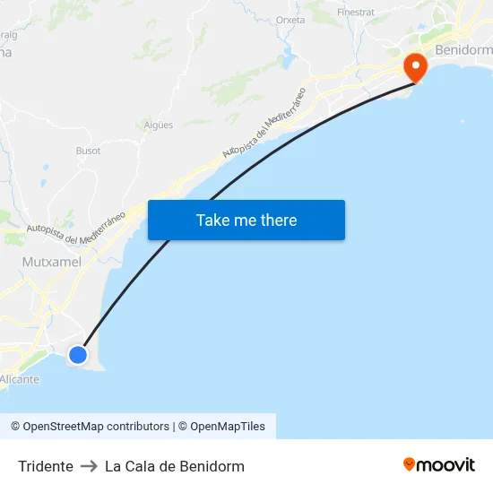 Tridente to La Cala de Benidorm map
