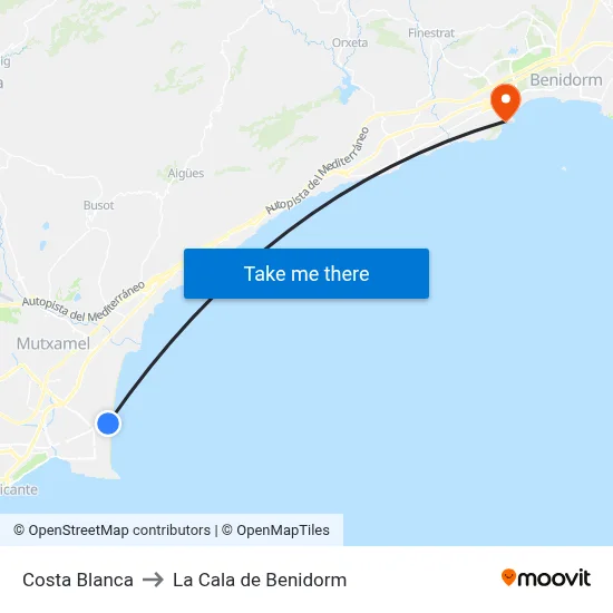 Costa Blanca to La Cala de Benidorm map