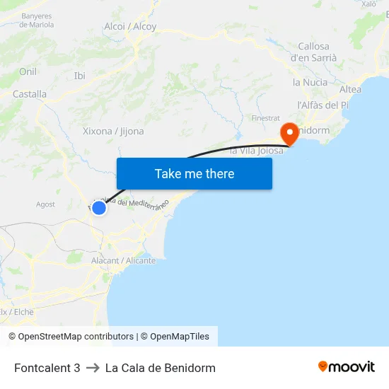 Fontcalent 3 to La Cala de Benidorm map