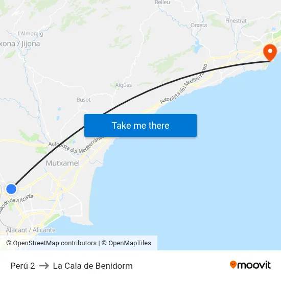 Perú 2 to La Cala de Benidorm map