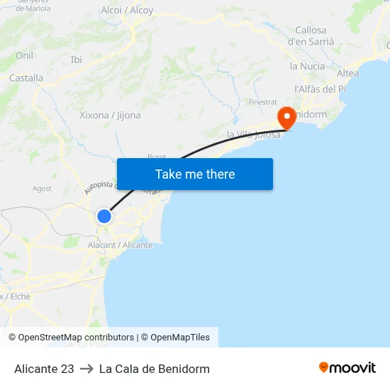 Alicante 23 to La Cala de Benidorm map