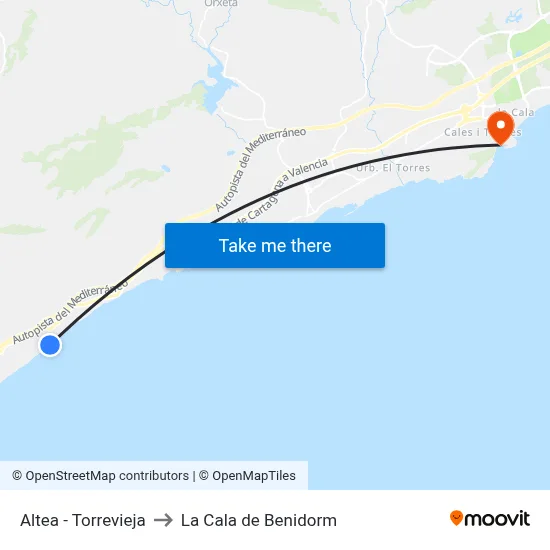 Altea - Torrevieja to La Cala de Benidorm map