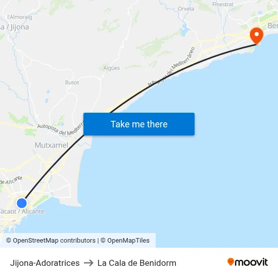 Jijona-Adoratrices to La Cala de Benidorm map