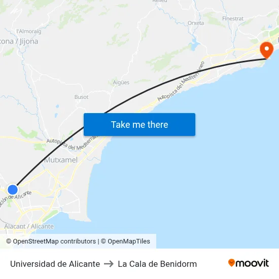 Universidad de Alicante to La Cala de Benidorm map