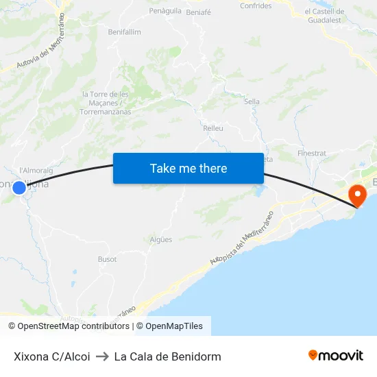 Xixona C/Alcoi to La Cala de Benidorm map