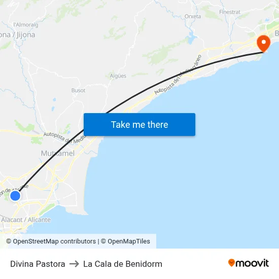 Divina Pastora to La Cala de Benidorm map