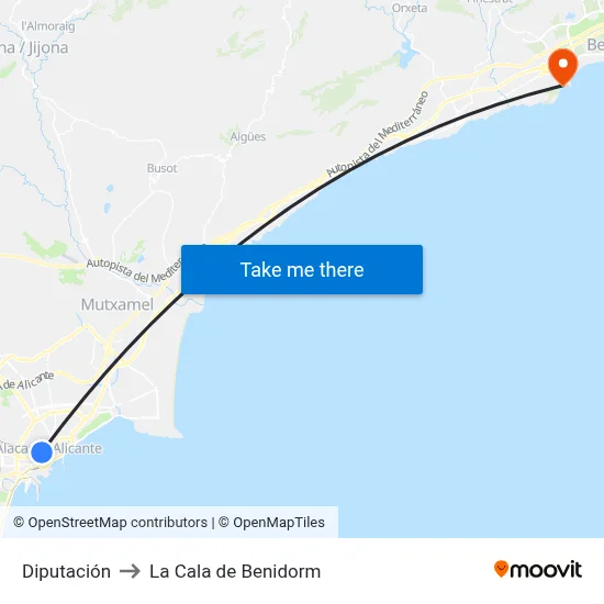 Diputación to La Cala de Benidorm map
