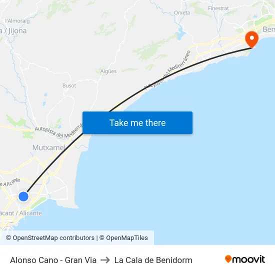Alonso Cano - Gran Via to La Cala de Benidorm map
