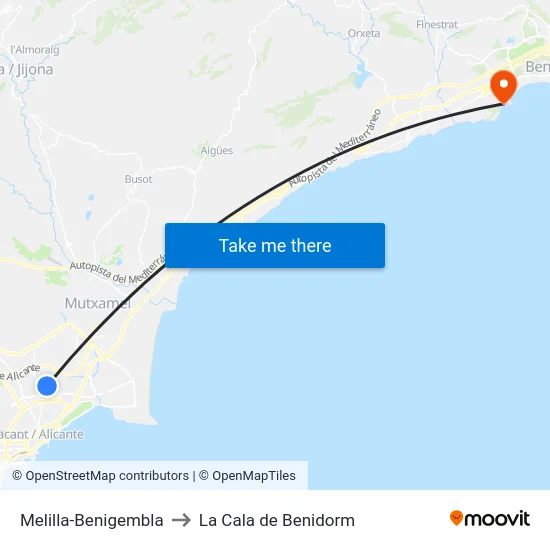 Melilla-Benigembla to La Cala de Benidorm map