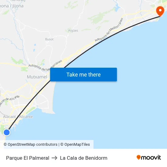 Parque El Palmeral to La Cala de Benidorm map
