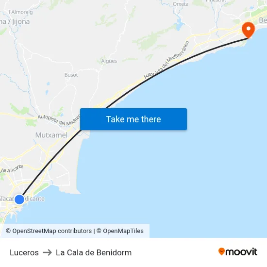 Luceros to La Cala de Benidorm map