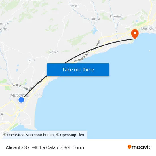 Alicante 37 to La Cala de Benidorm map