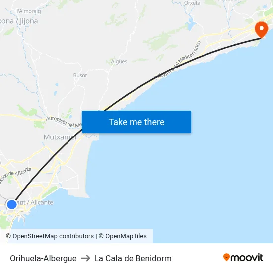 Orihuela-Albergue to La Cala de Benidorm map