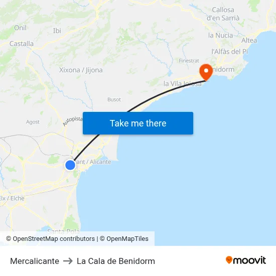 Mercalicante to La Cala de Benidorm map