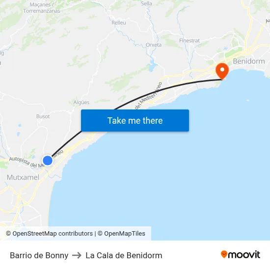 Barrio de Bonny to La Cala de Benidorm map