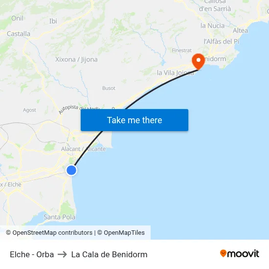 Elche - Orba to La Cala de Benidorm map