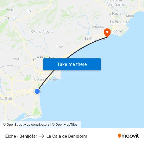 Elche - Benijófar to La Cala de Benidorm map