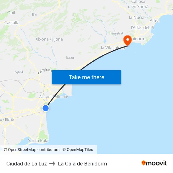 Ciudad de La Luz to La Cala de Benidorm map