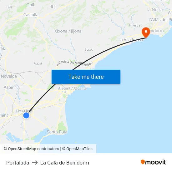 Portalada to La Cala de Benidorm map