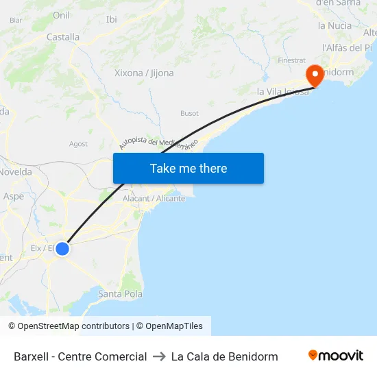 Barxell - Centre Comercial to La Cala de Benidorm map