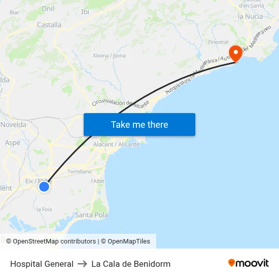 Hospital General to La Cala de Benidorm map