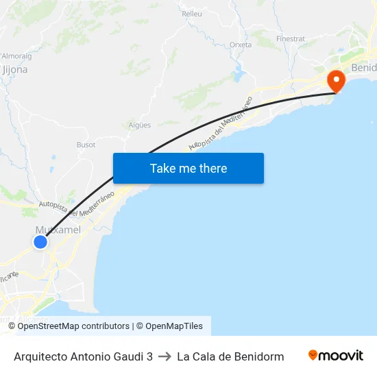 Arquitecto Antonio Gaudi 3 to La Cala de Benidorm map