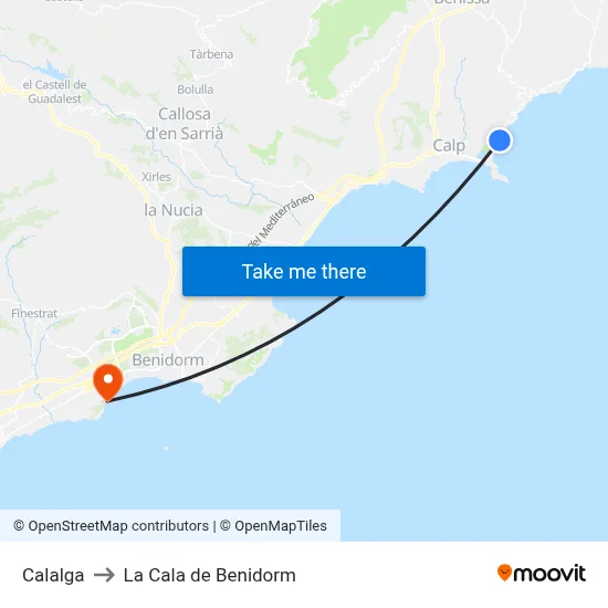 Calalga to La Cala de Benidorm map