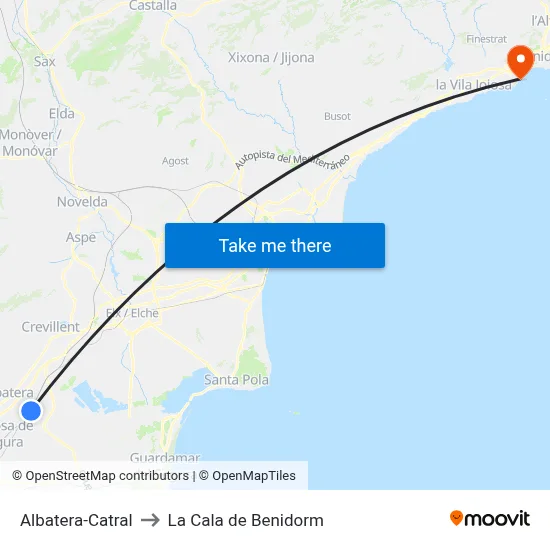 Albatera-Catral to La Cala de Benidorm map