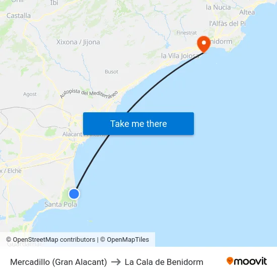 Mercadillo (Gran Alacant) to La Cala de Benidorm map
