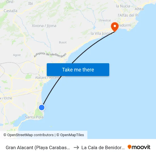 Gran Alacant (Playa Carabassi) to La Cala de Benidorm map