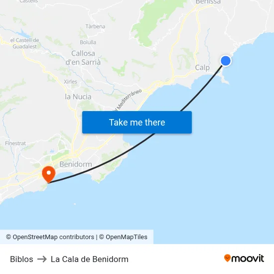 Biblos to La Cala de Benidorm map
