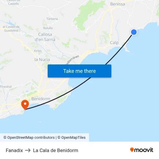 Fanadix to La Cala de Benidorm map