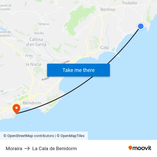 Moraira to La Cala de Benidorm map