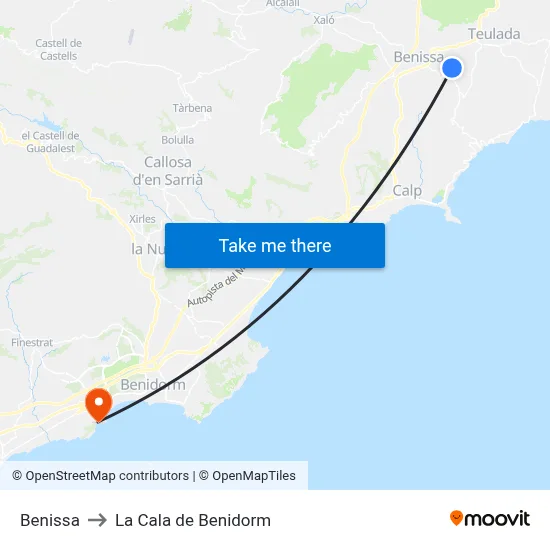 Benissa to La Cala de Benidorm map